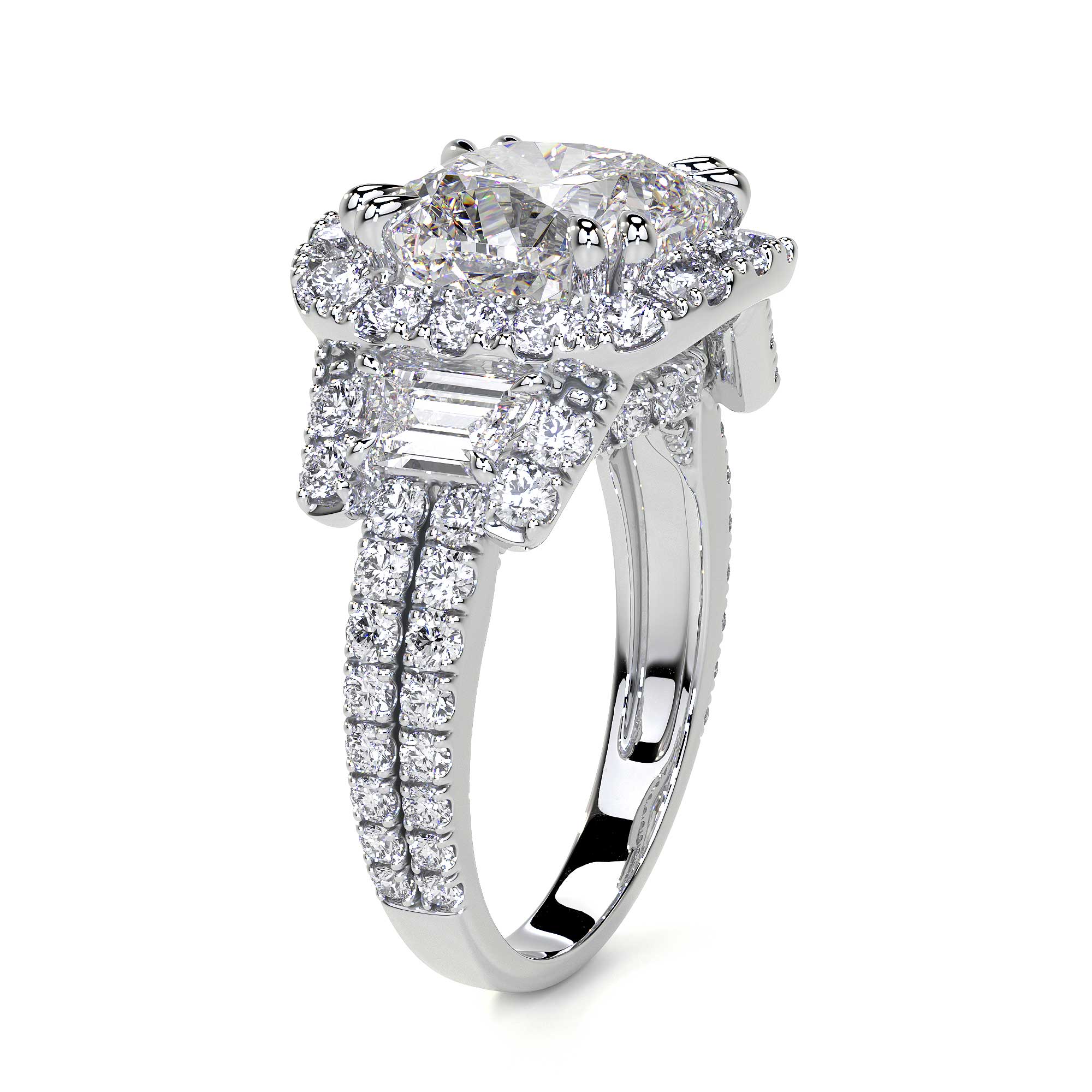 Three-quarter view of cushion cut diamond ring with channel-set shank and tapered 18K white gold band