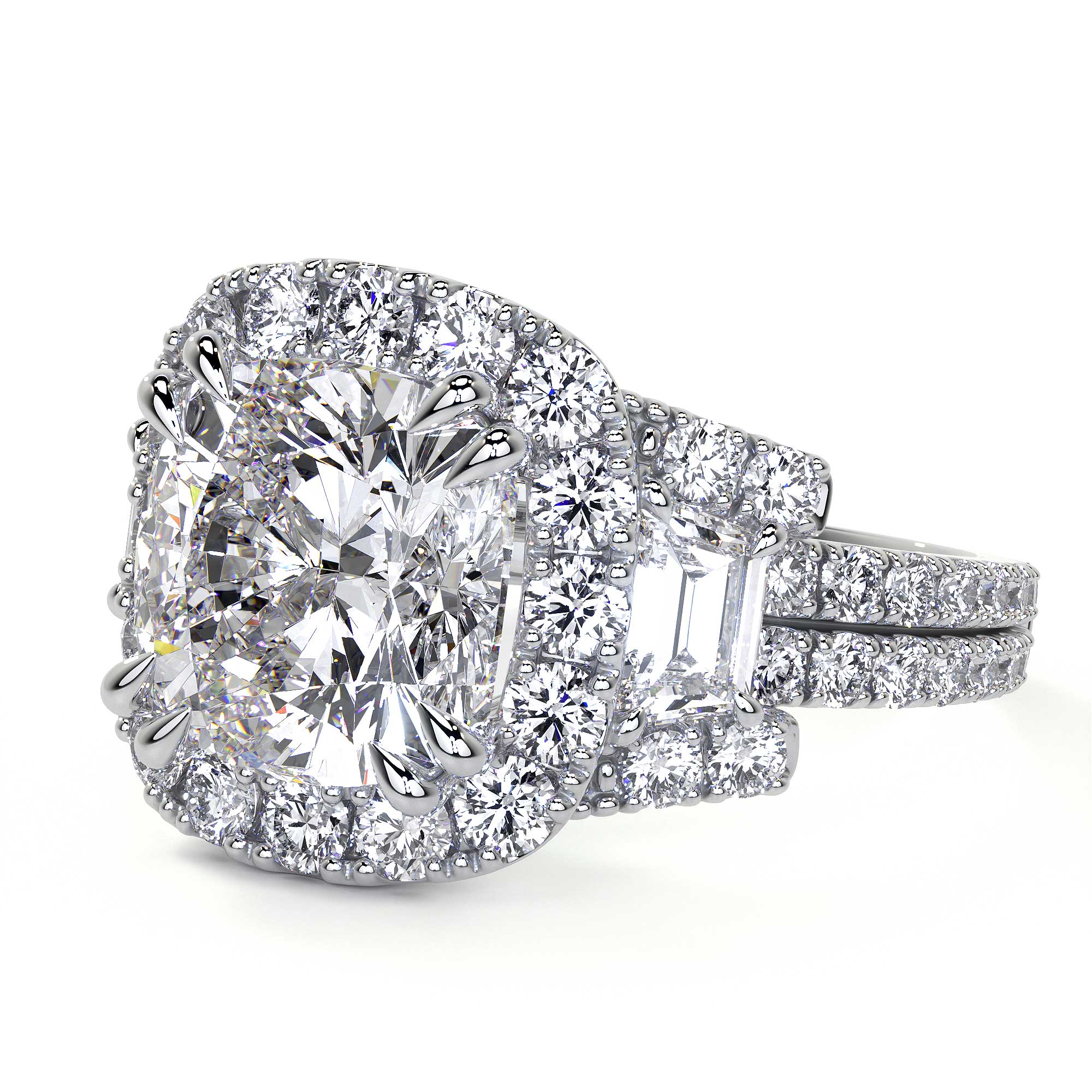 Stacked Sienna engagement and wedding rings showing interlocking design with full pavé bands