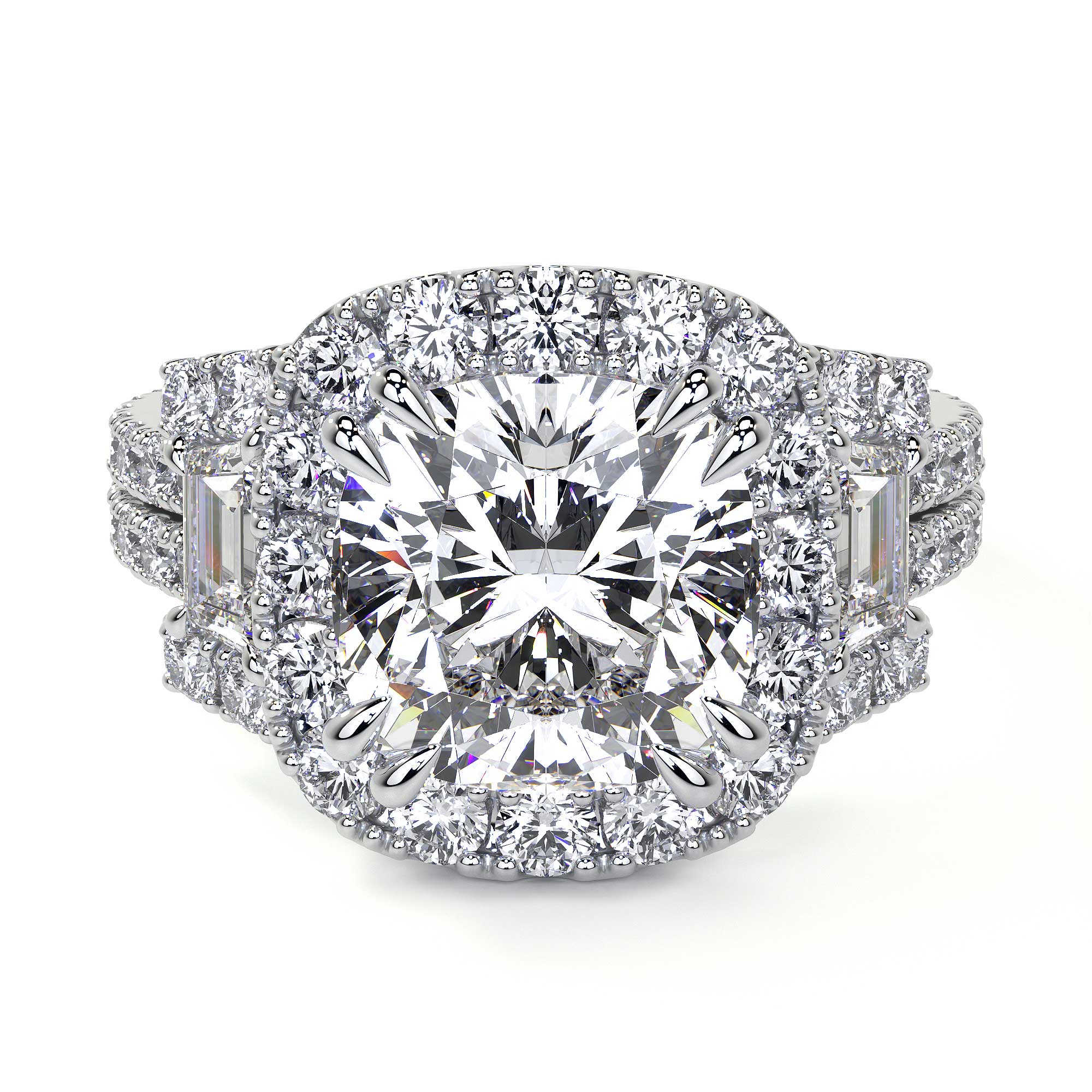Sienna engagement ring with baguette side stones and double-tiered halo paired with matching wedding band