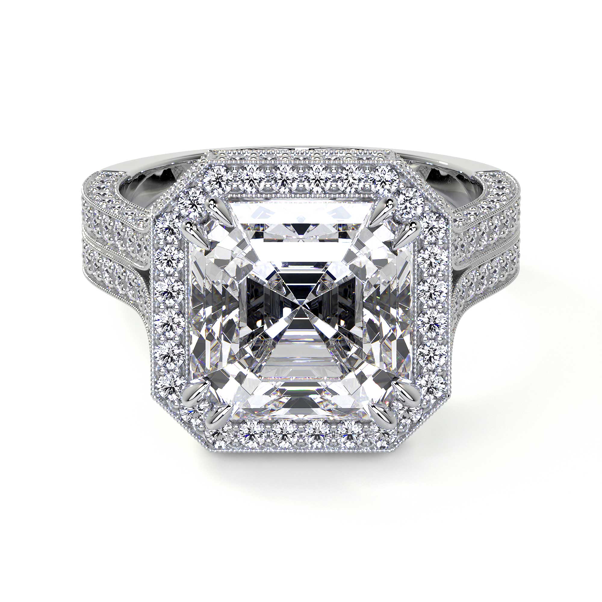 Centered top-down view of Leviev emerald cut diamond ring pavé bands