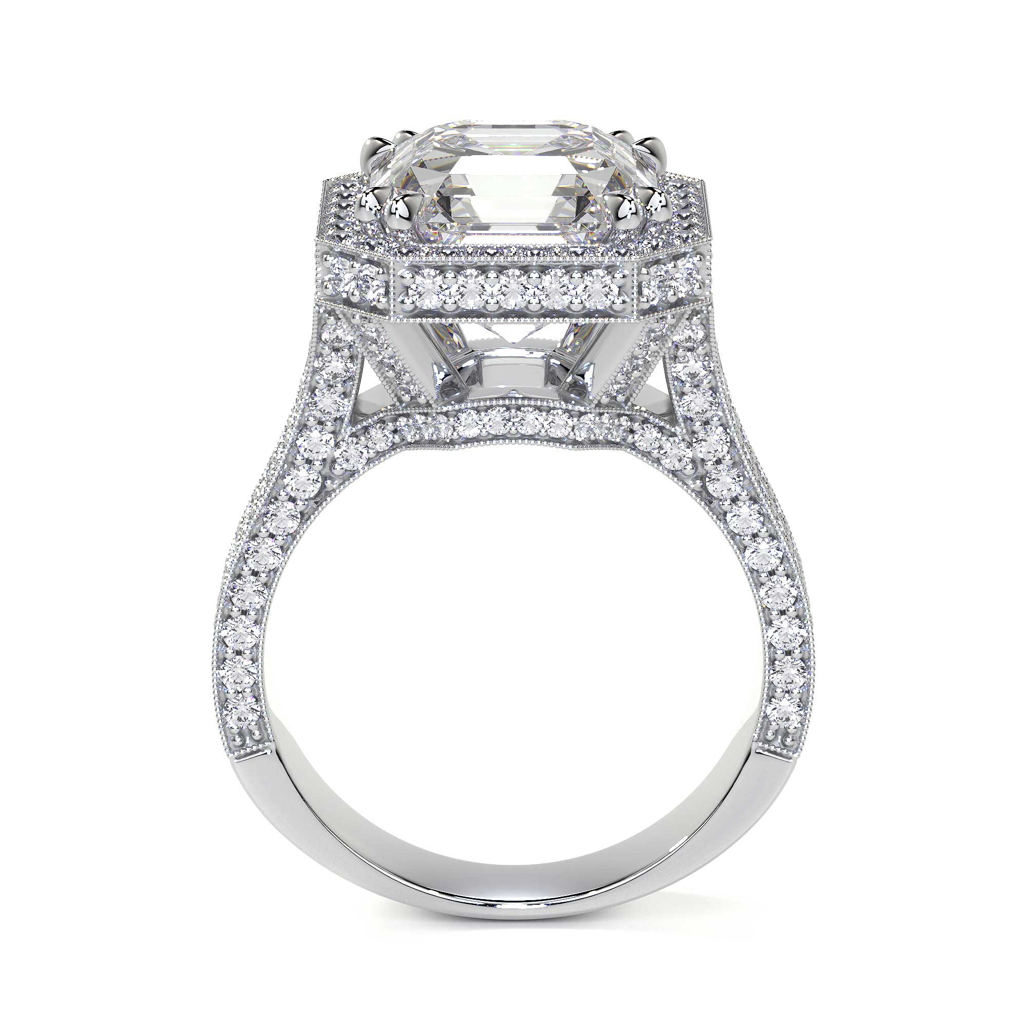 Leviev platinum square emerald cut diamond ring with double halo pavé