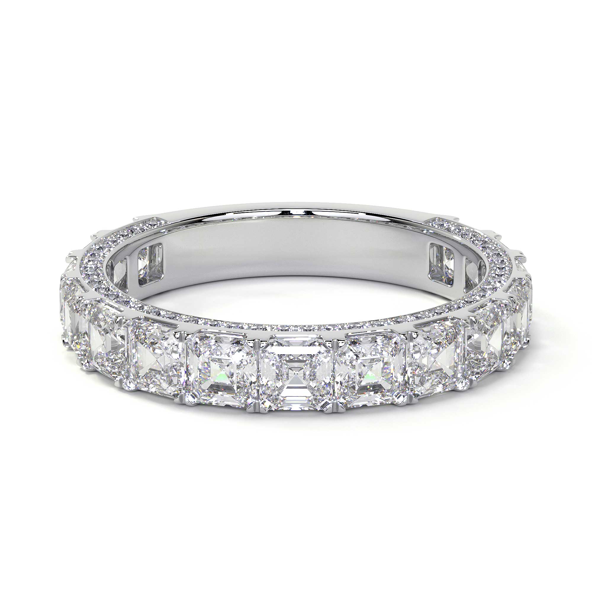 Leviev 3.75 CT emerald cut diamond eternity band with halo detail top view