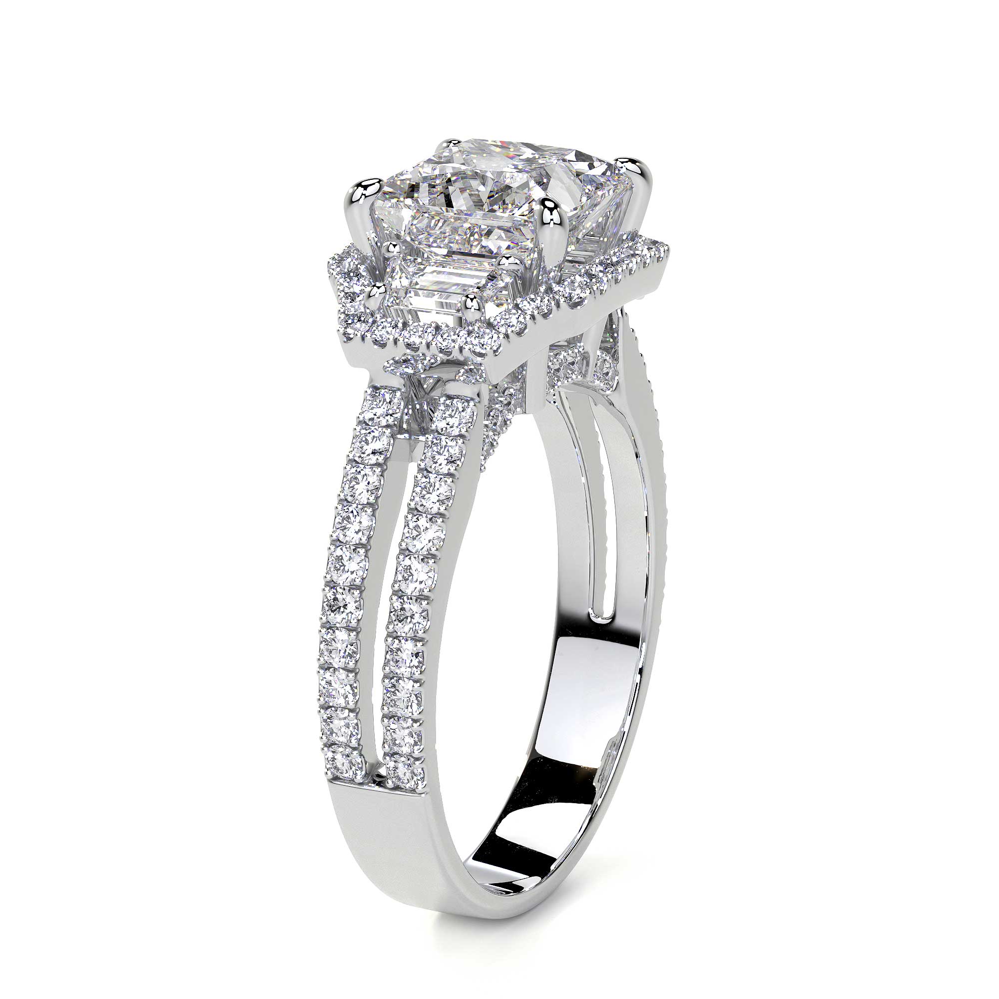 White gold square radiant cut cluster diamond ring side profile split shank pavé band