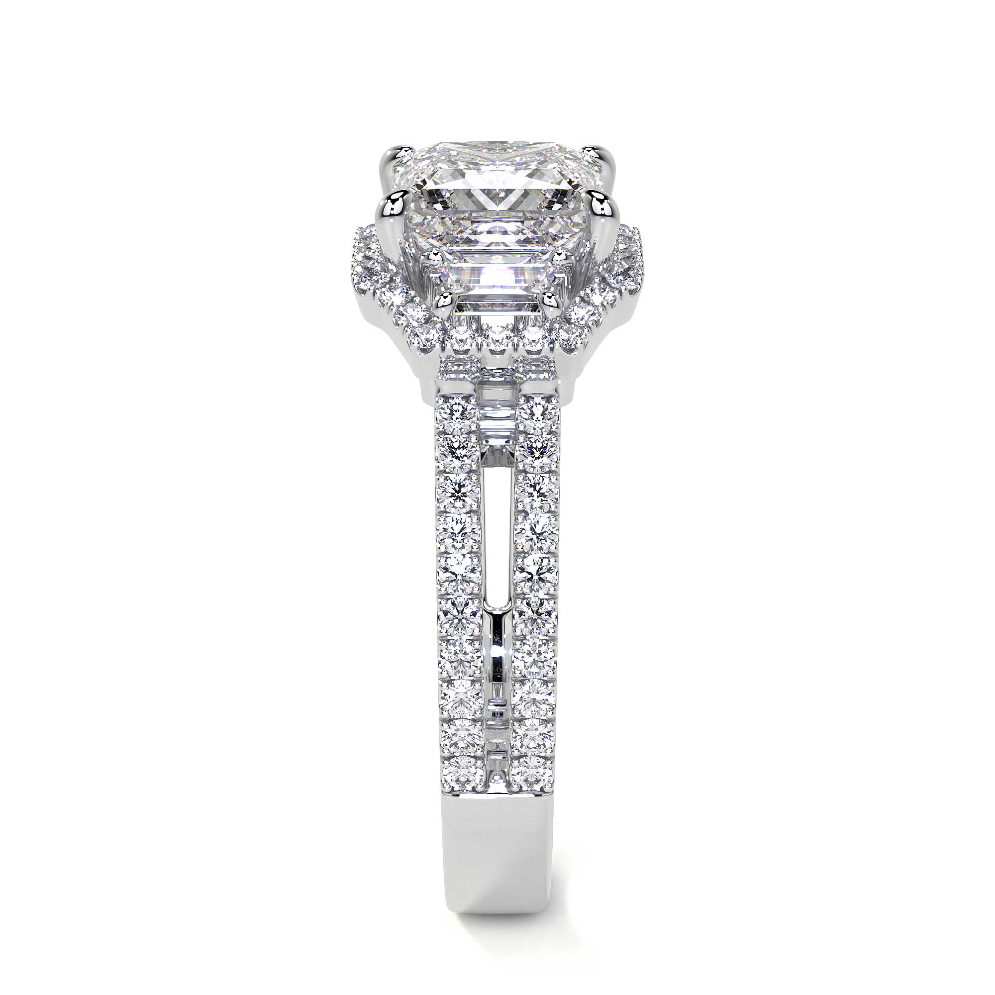 Side profile white gold cluster ring raised platform setting tapered pavé band