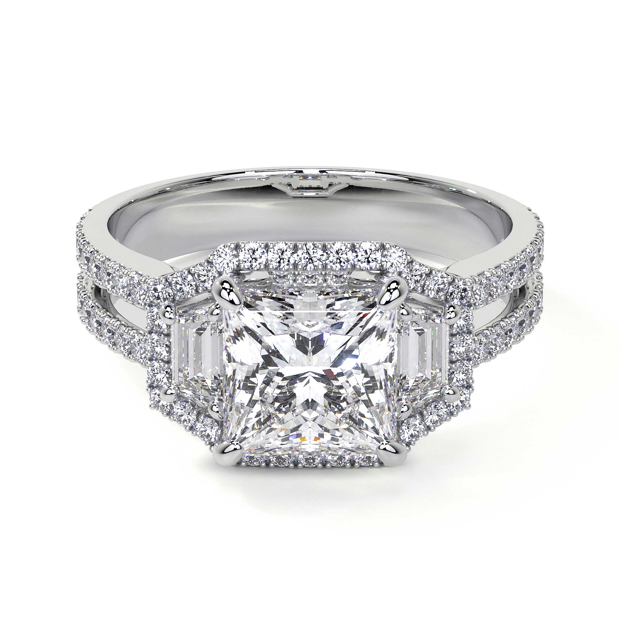 Top view white gold diamond ring square center stone emerald side stones double halo