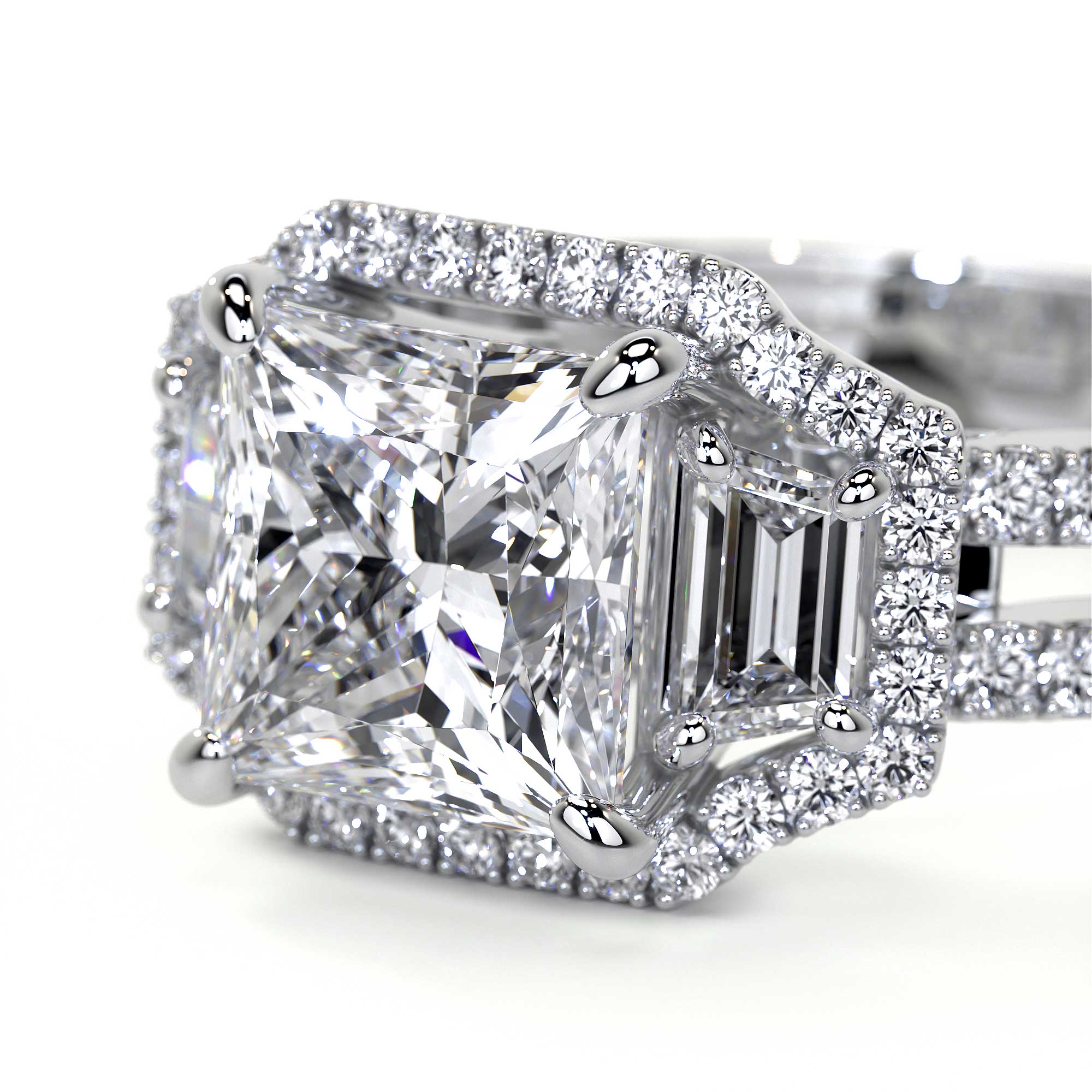 Macro close-up white gold square radiant cut diamond ring prong setting facet detail