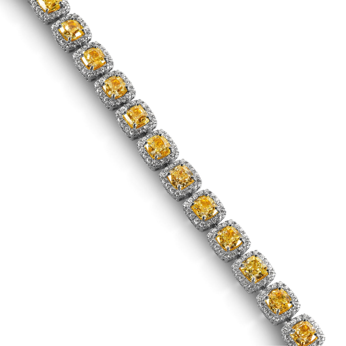 Zorelle 23.40 Carat Fancy Yellow Cushion Diamond Station Halo Bracelet in 18K White Gold Leviev Bracelets Bracelet, Bracelets, Color Diamond, Cushion, High Jewelry, Leviev Leviev 