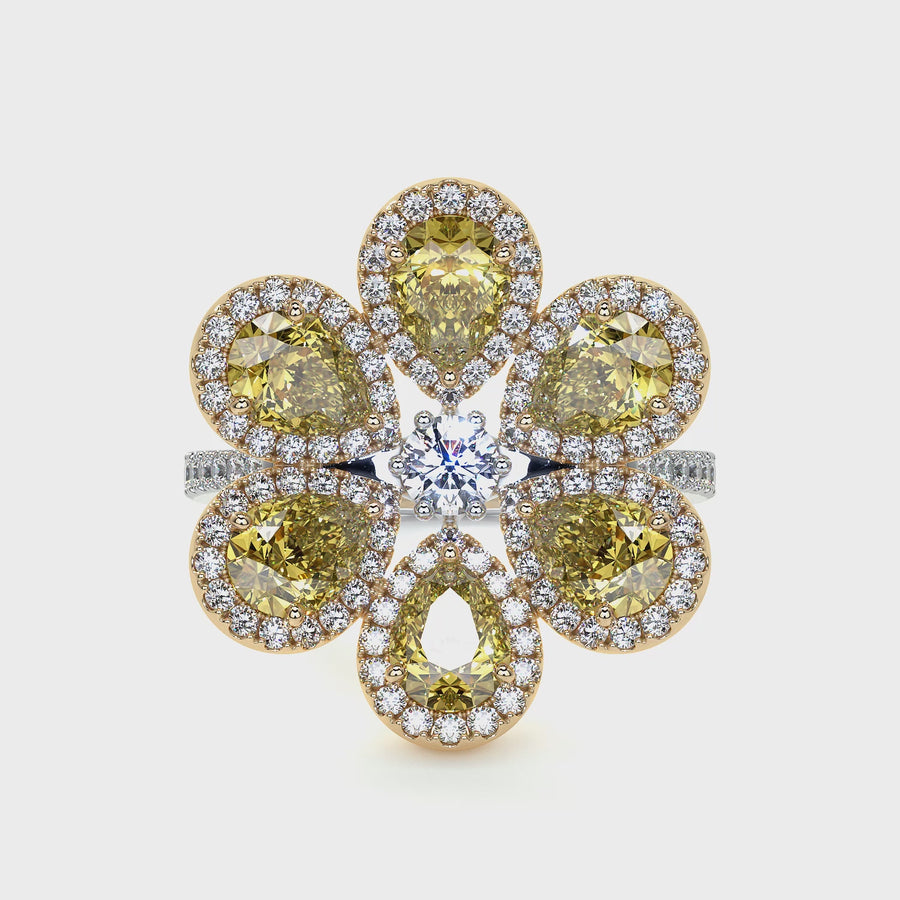 Fancy Yellow and White Cluster Diamond Flower Ring