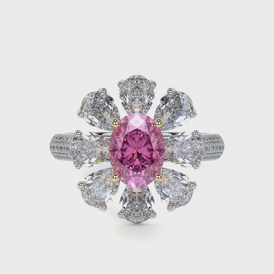Pink Oval Cluster Diamond Flower Ring