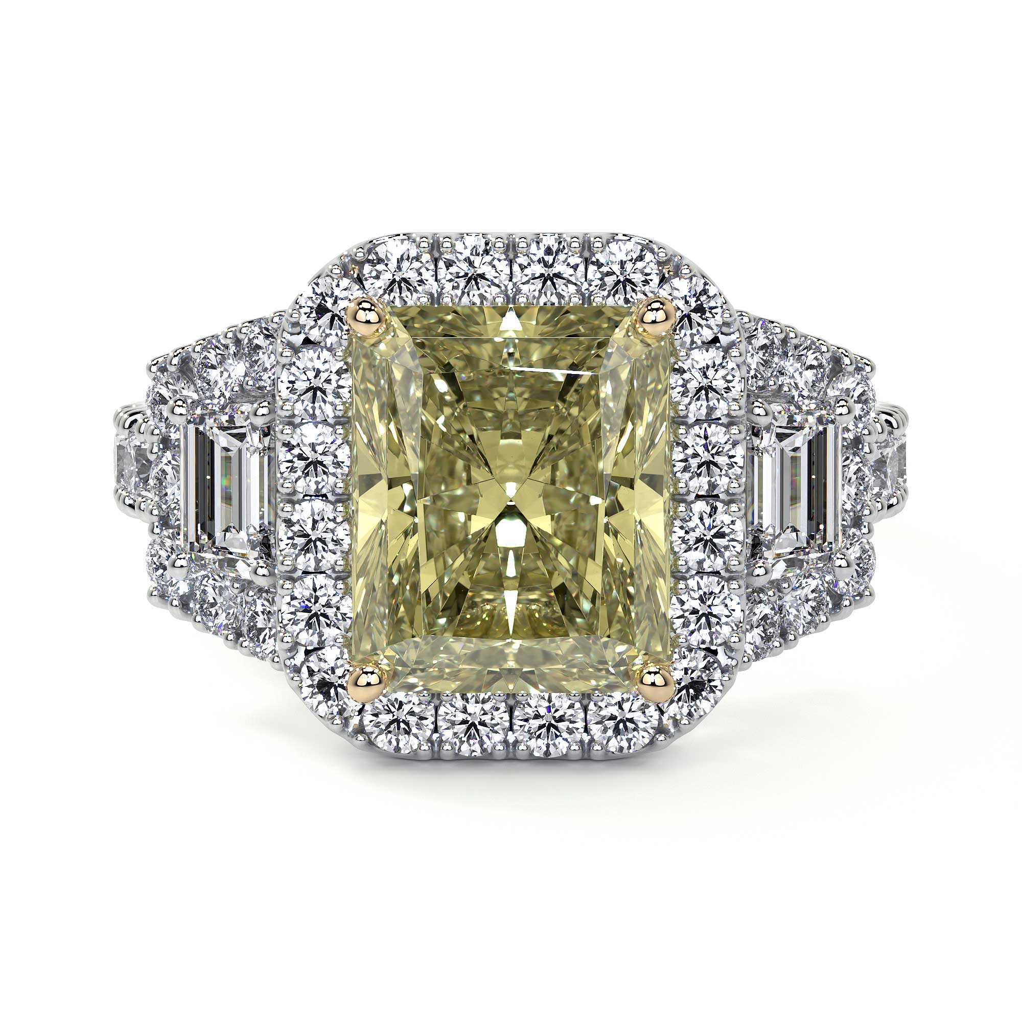 Fancy Yellow Diamond 3 Stone Ring WIth Halo - Rings - Leviev Diamonds