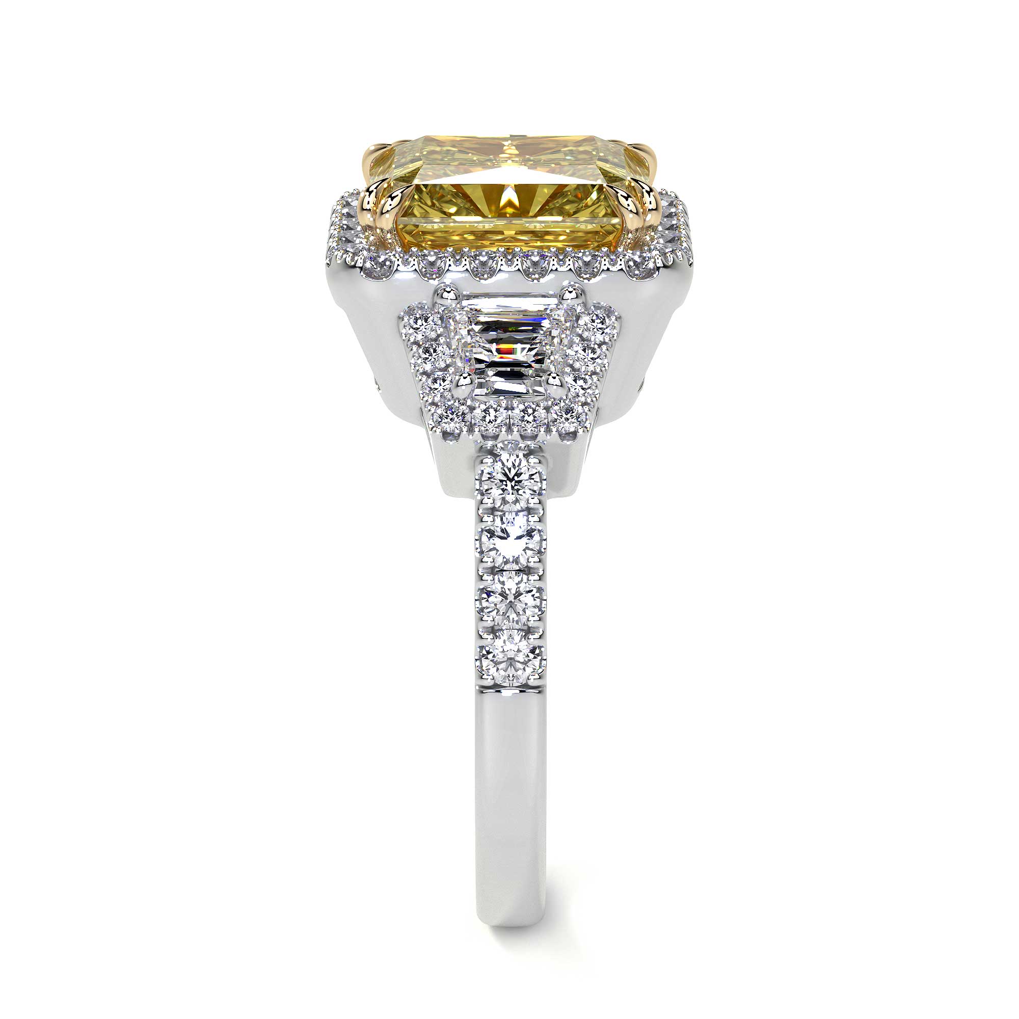 Radiant Fancy Yellow Diamond Ring With Halo, 3 CT - Rings - Leviev Diamonds