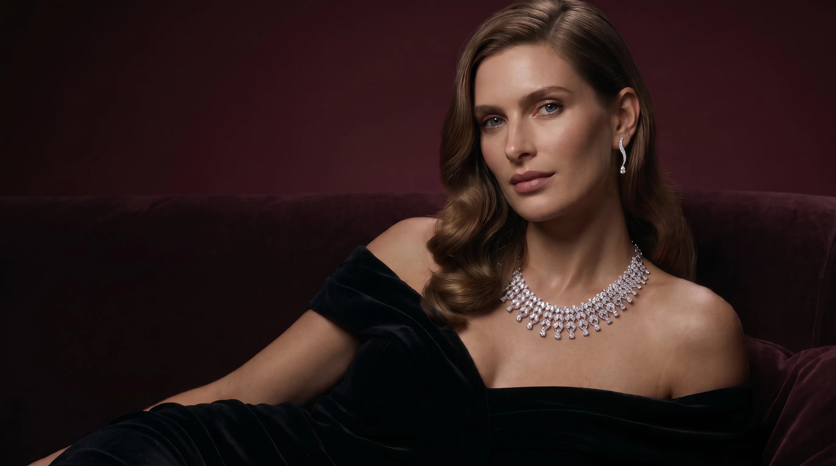 Leviev model wearing diamond jewelry in an editorial setting