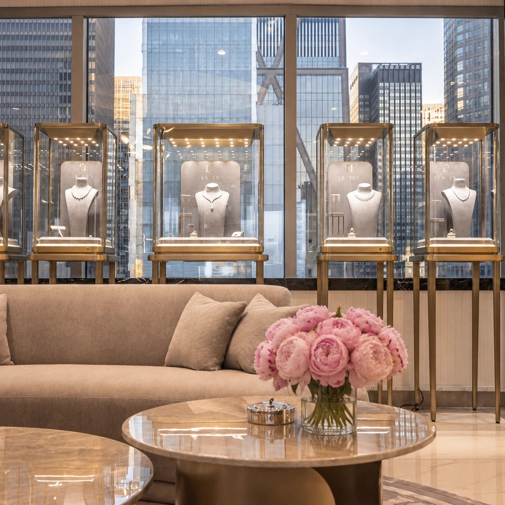 Leviev Fifth Avenue showroom lounge with diamond jewelry displays, elegant seating, marble tables, and pink floral arrangements overlooking Manhattan.
